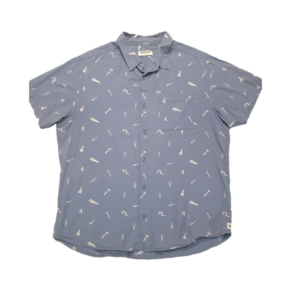 CATERPILLAR CAT Tools Pattern Button Up Shirt Mens XL Short Sleeve Blue Cotton